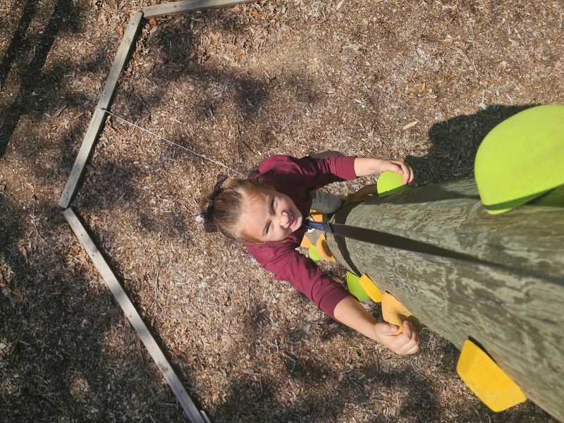 Young girl climbing a 30-foot pole at the Monkey Grove Adventure, Tree To Tree Cape May, located at the Cape May County Zoo.